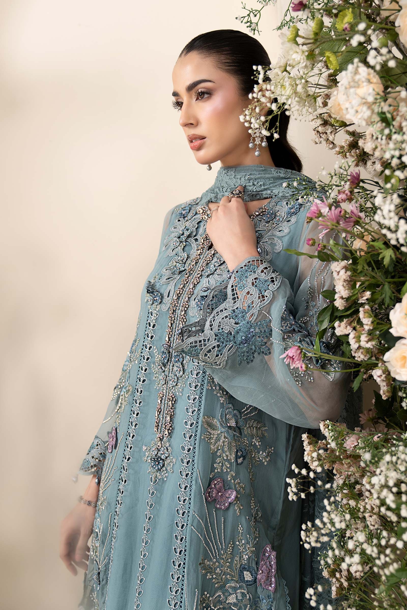 3 Piece Embroidered Chiffon Suit aqua pakistani fashion outfit in…